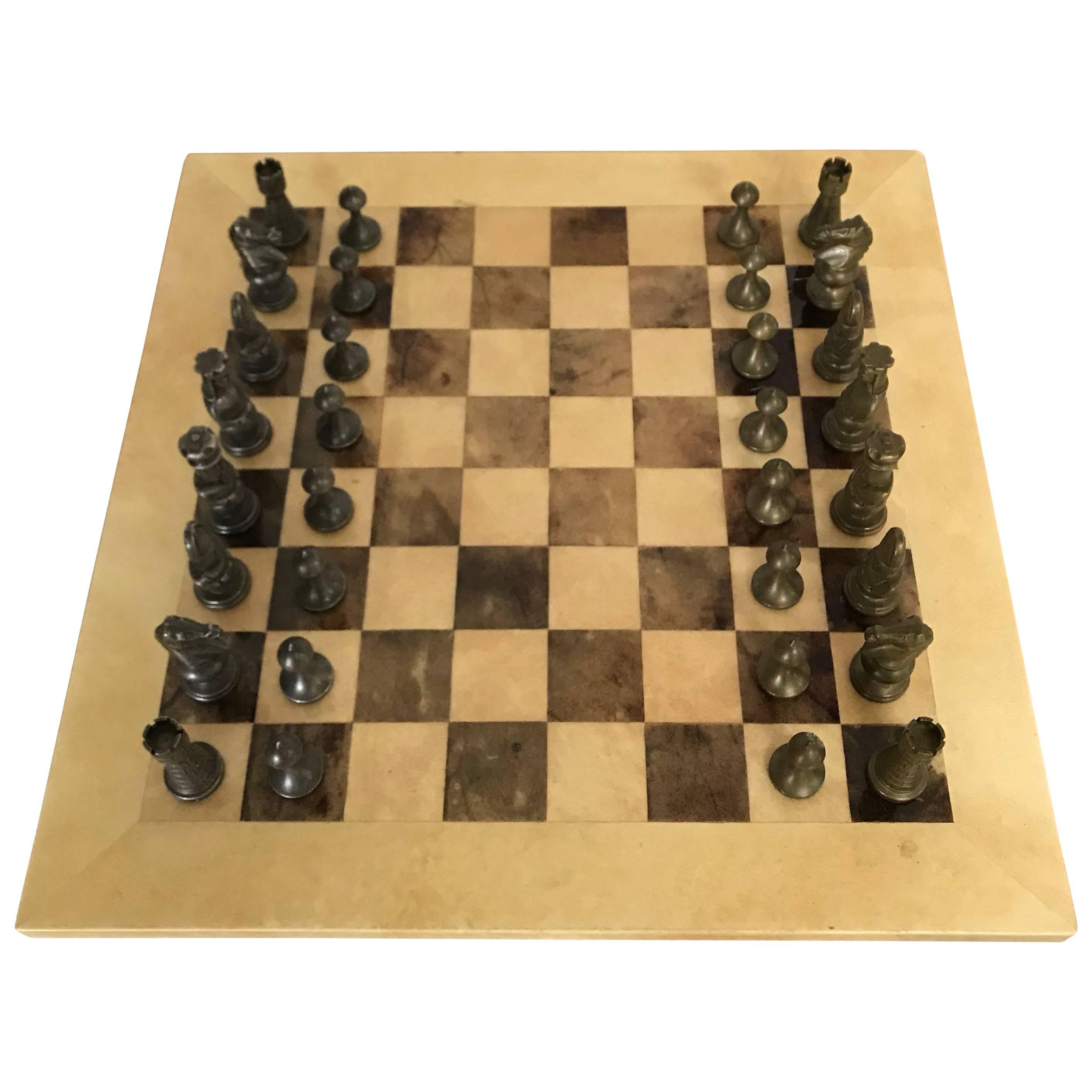 Aldo Tura Goatskin and Bronze Chess Set