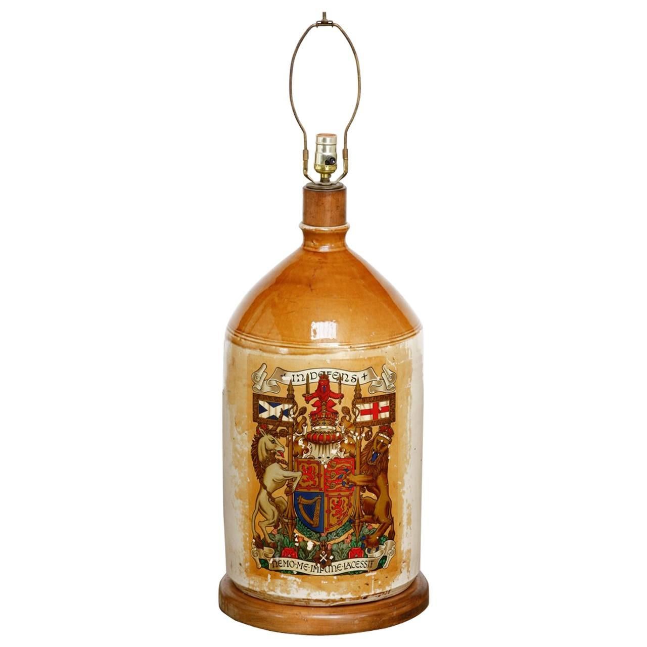 Glazed Ceramic Crock Lamp with English Royal Coat of Arms For Sale