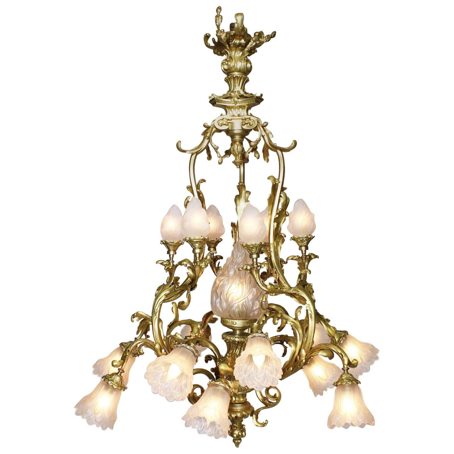 French Belle Époque Rococo Style Gilt-Bronze and Frosted Glass Shades Chandelier