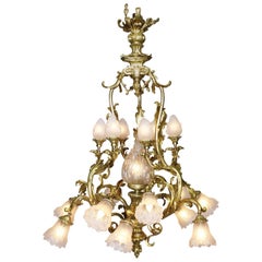 Antique French Belle Époque Rococo Style Gilt-Bronze and Frosted Glass Shades Chandelier