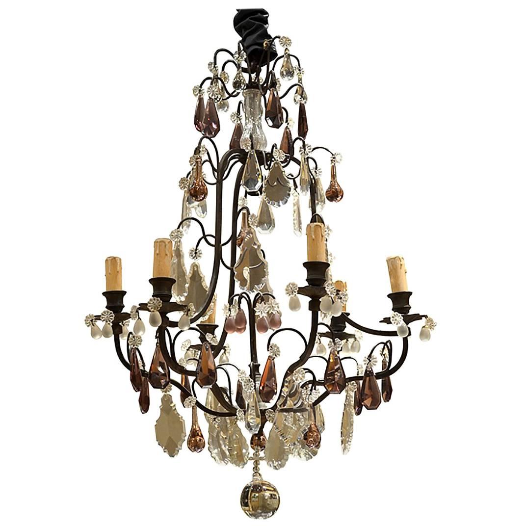 Early 20th Century Iron Chandelier with Amethyst Crystals For Sale