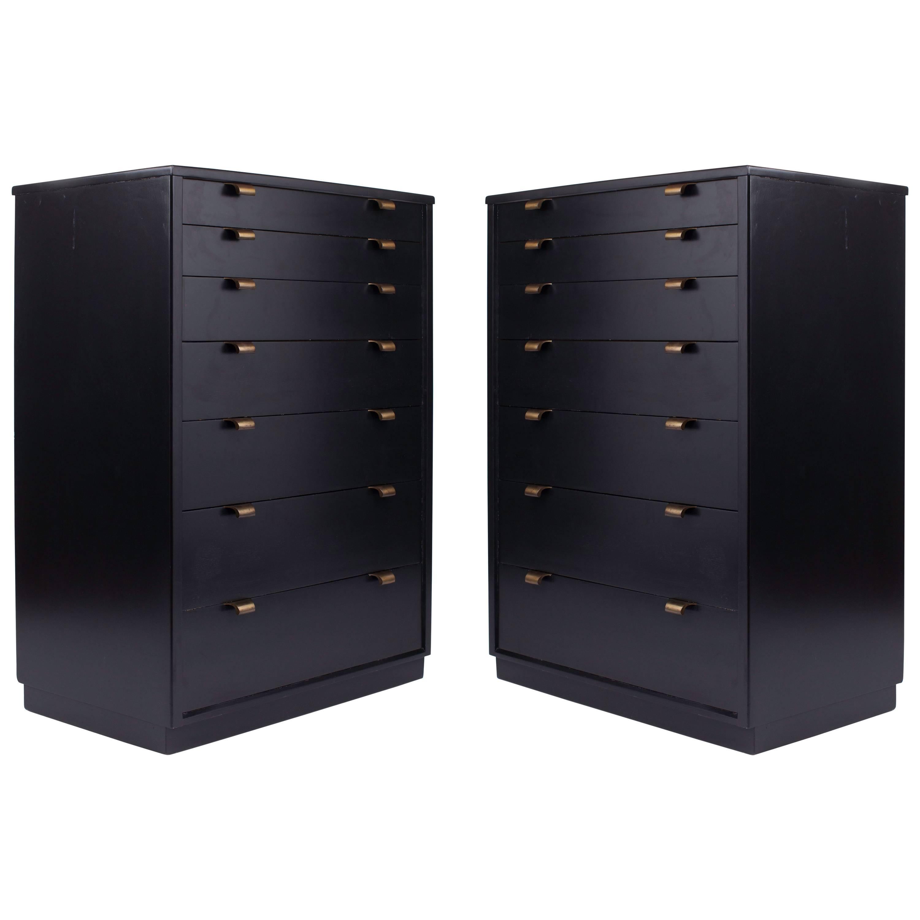 Edward Wormley: Classic Pair of Dressers in Black Lacquered Wood & Brass, 1940's