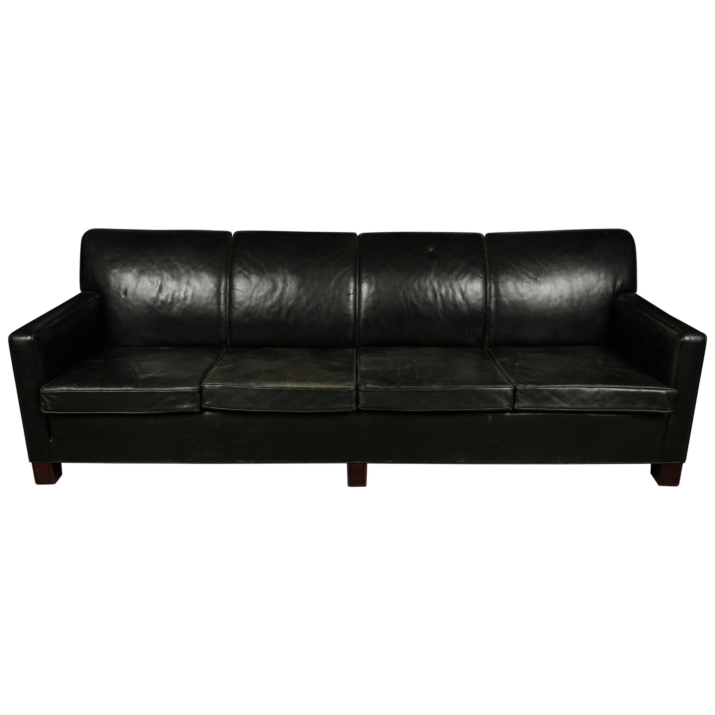 Large Four-Seat Leather Sofa from Denmark, circa 1950