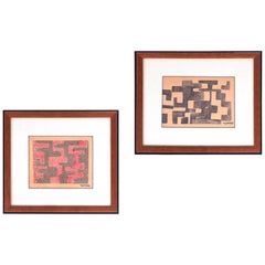 Angelo Testa: Pair of Signed Geometric Abstract Prints in Red and Yellow, 1950's
