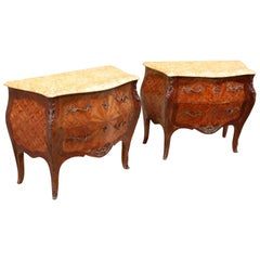 Pair of 20th Century French Parquetry Bombe Marble Topped Commodes