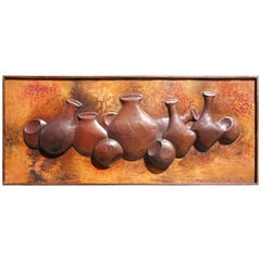 Retro Hammered Copper Wall Relief Sculpture Panel with African Pots