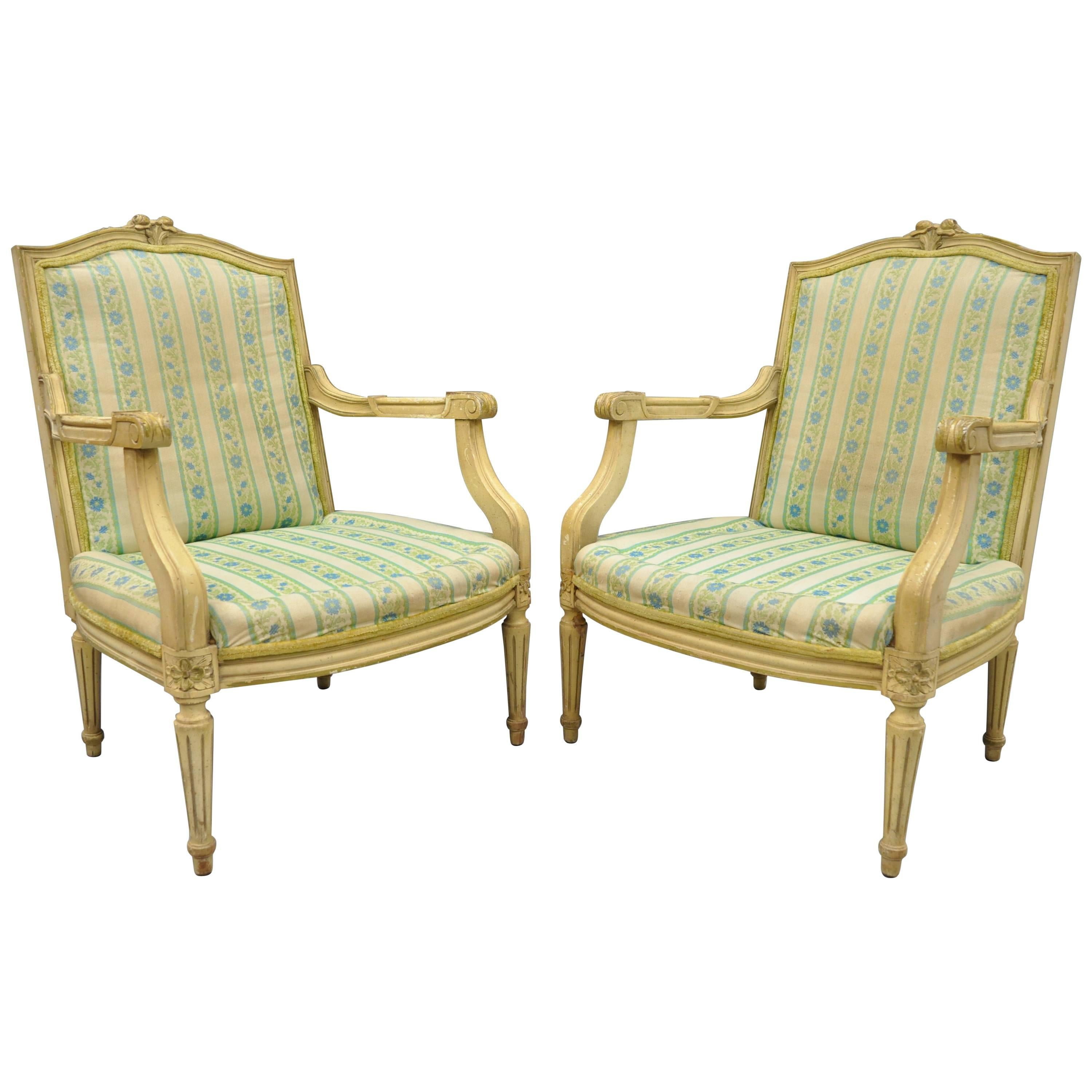 Pair of French Louis XVI Provincial Style Cream Painted Armchairs Fauteuils