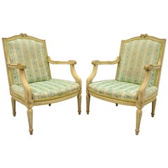 Pair of French Louis XVI Provincial Style Cream Painted Armchairs Fauteuils