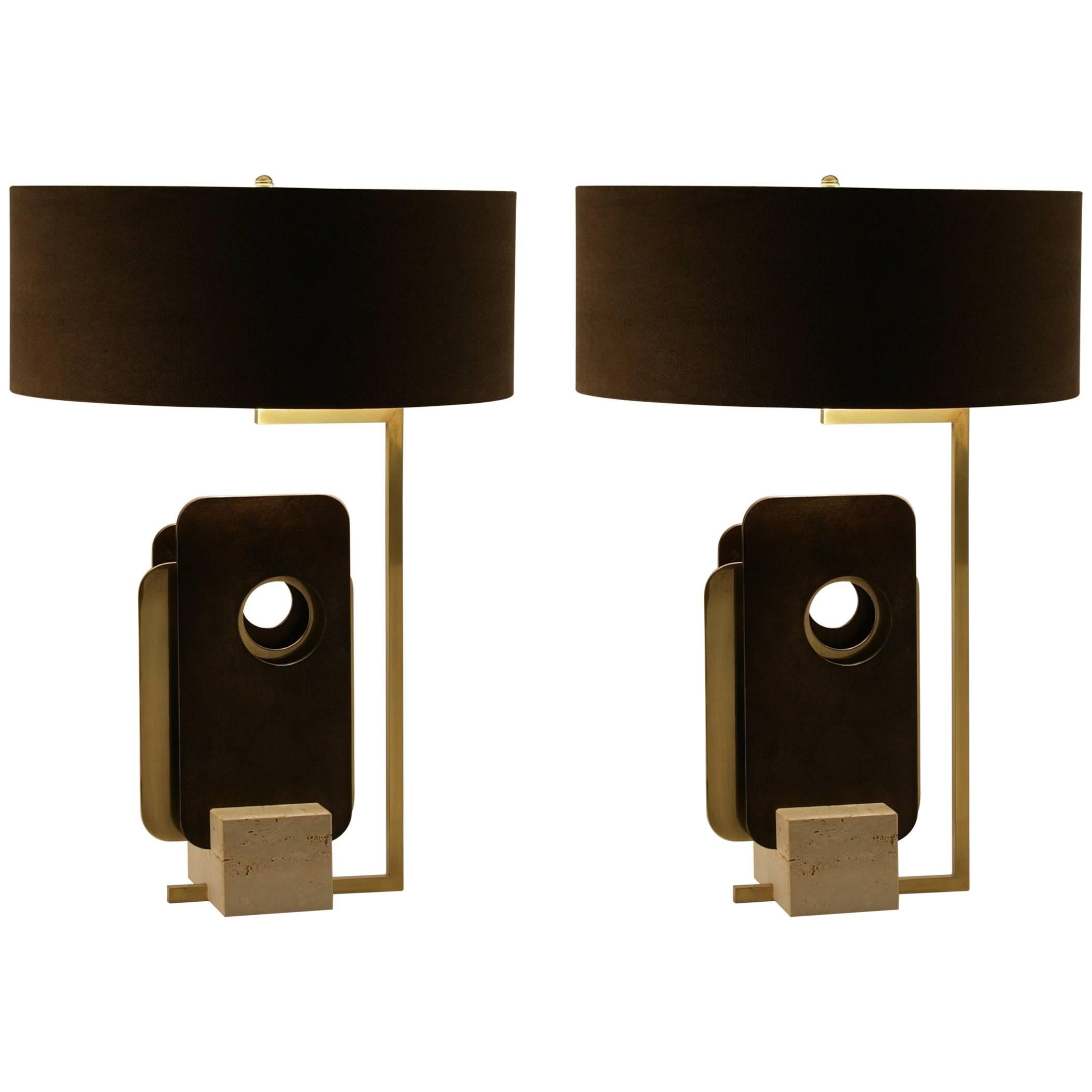 Pair of "Tre Piastre" Lamps, Brass, Iron and Travertine, Italy, 2016 For Sale