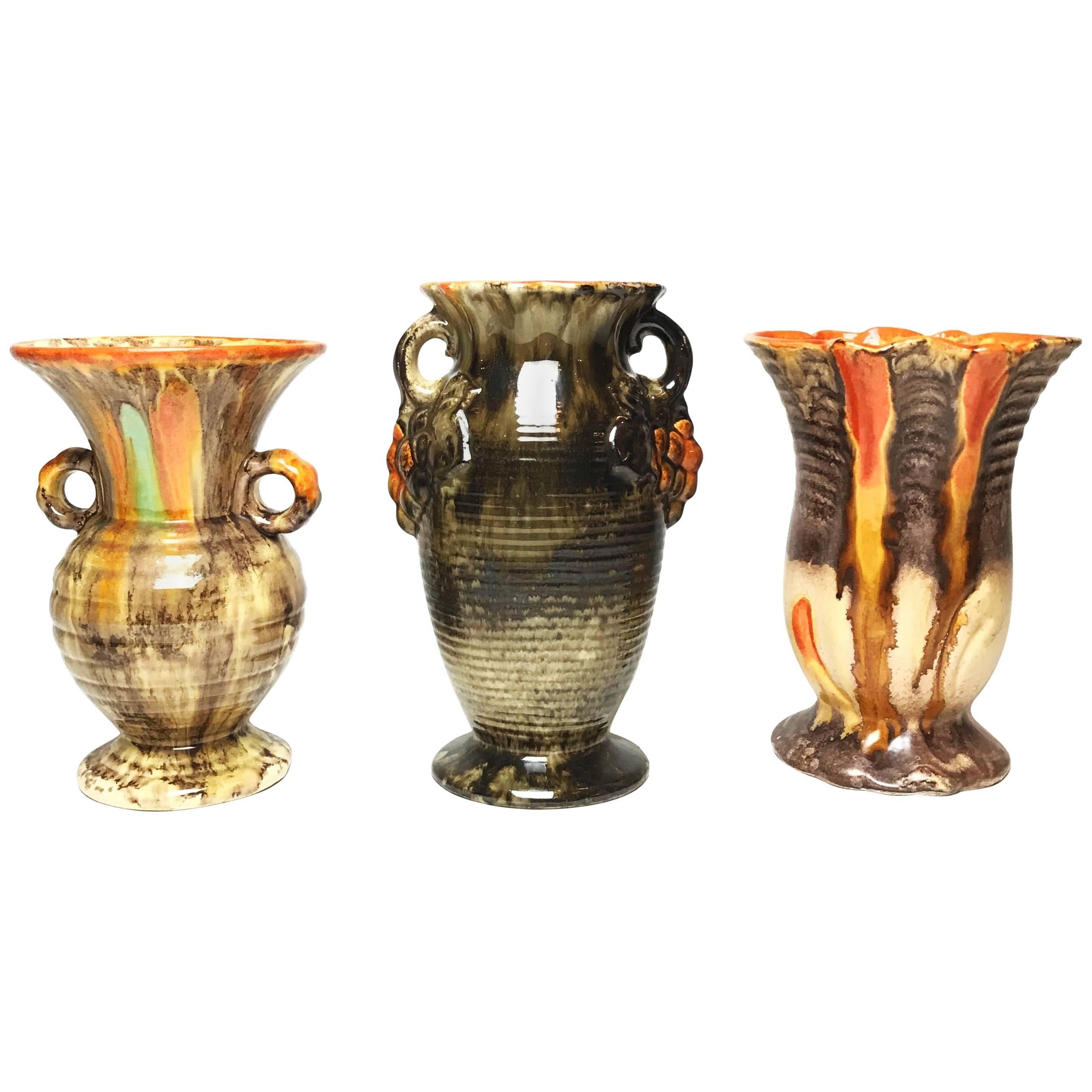 Three Art Deco Ceramic Glazed Vases, 1930s, Germany