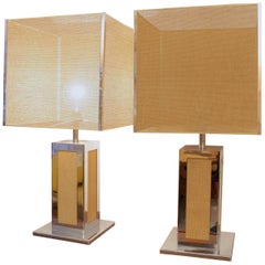 1970s Chrome and Cane Pair of Table Lamps