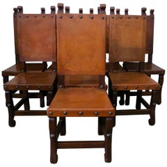 Set of Eight Spanish Leather Dining Chairs, circa 1920s