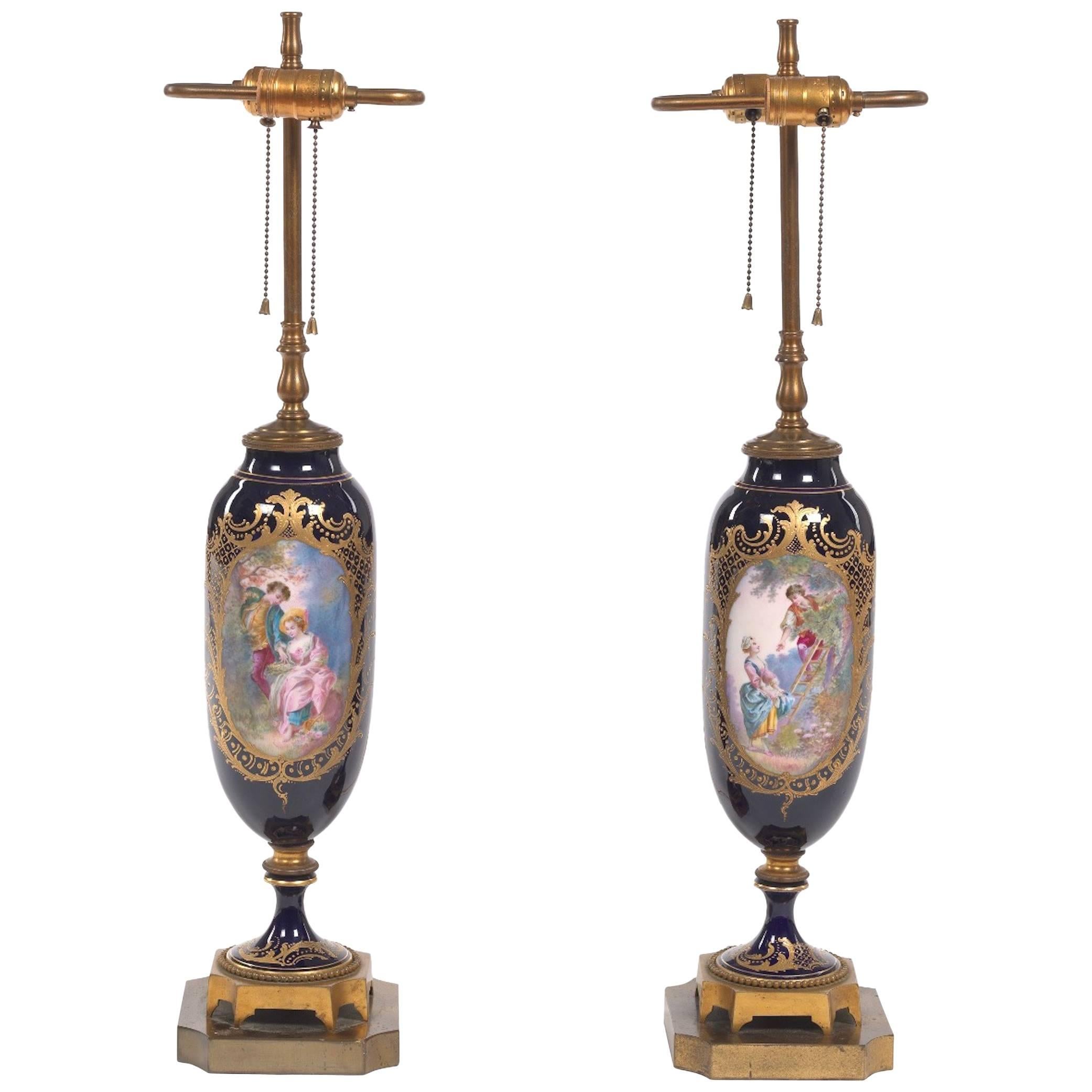 Pair of Sèvres Style Ormolu-Mounted Urns, Now as Lamps