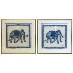 1980s Jim Thompson Blue and White Elephant Framed Silk Pillows, Pair