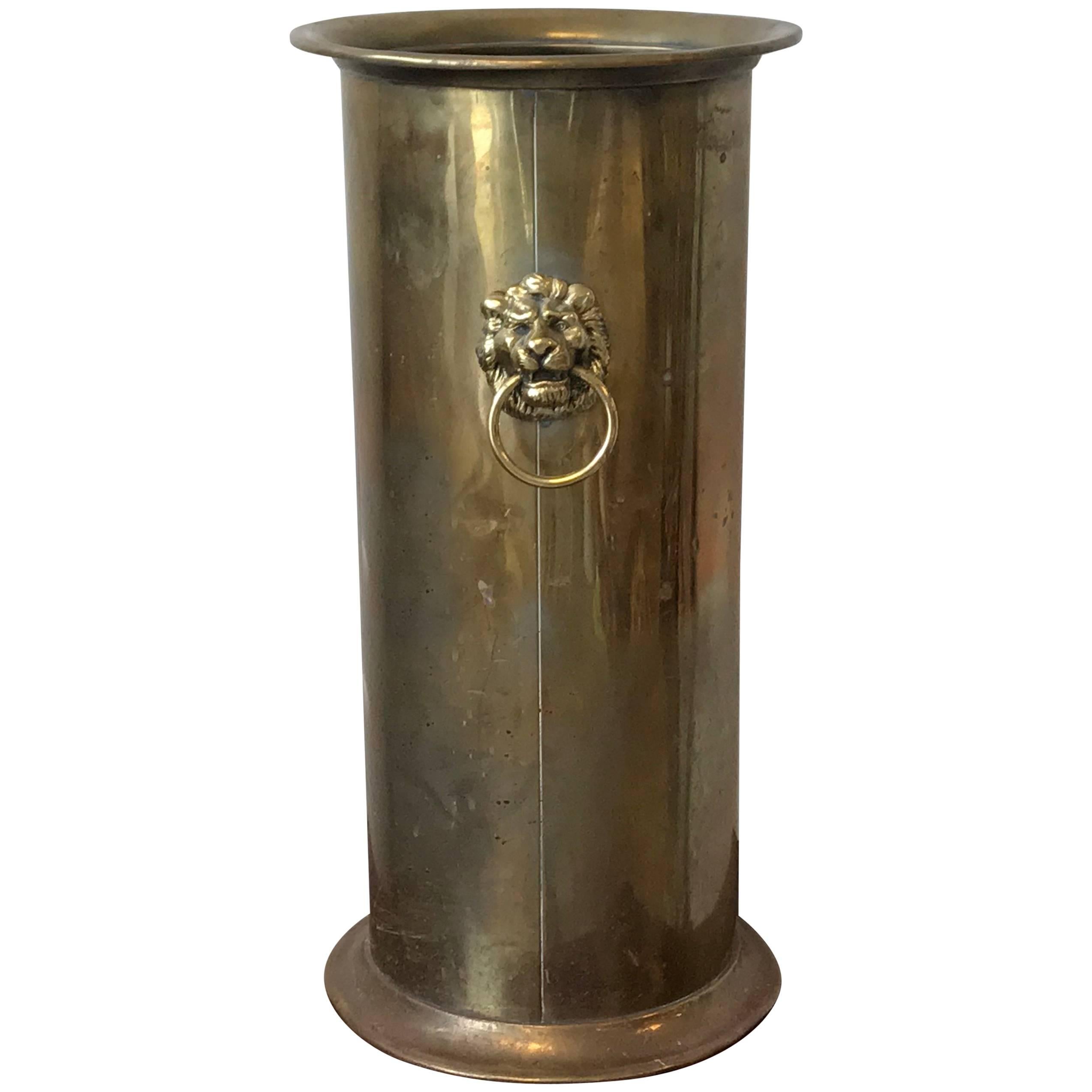 19th Century English Brass Umbrella Stand with Lion Head Pulls