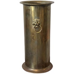 19th Century English Brass Umbrella Stand with Lion Head Pulls