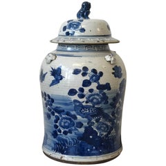 19th Century Blue and White Temple Jar with Bird Motif