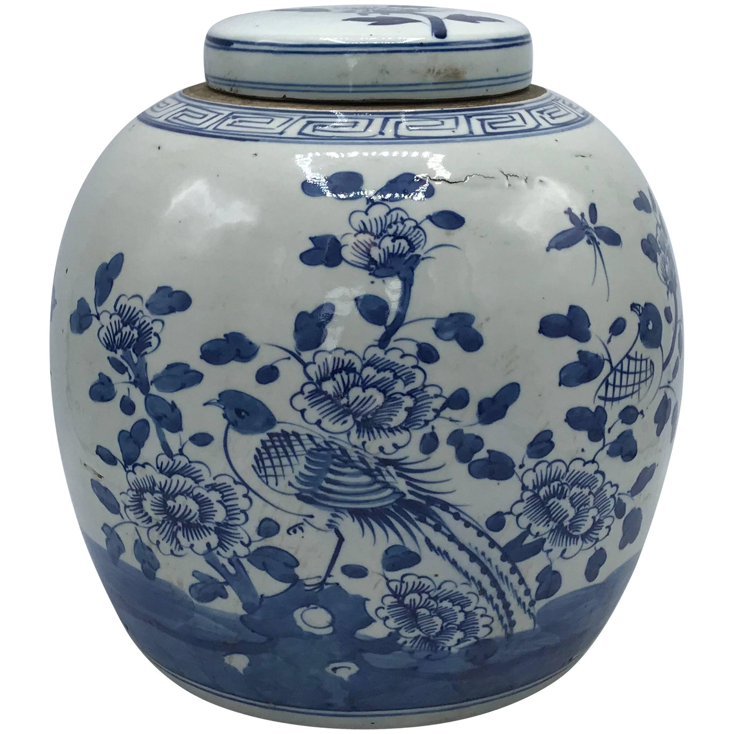 19th Century Blue and White Ginger Jar with Bird and Floral Motif
