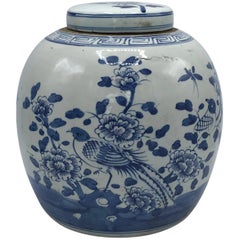 19th Century Blue and White Ginger Jar with Bird and Floral Motif