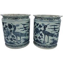 19th Century Blue and White Cachepot Planters with Peacock Motif, Pair