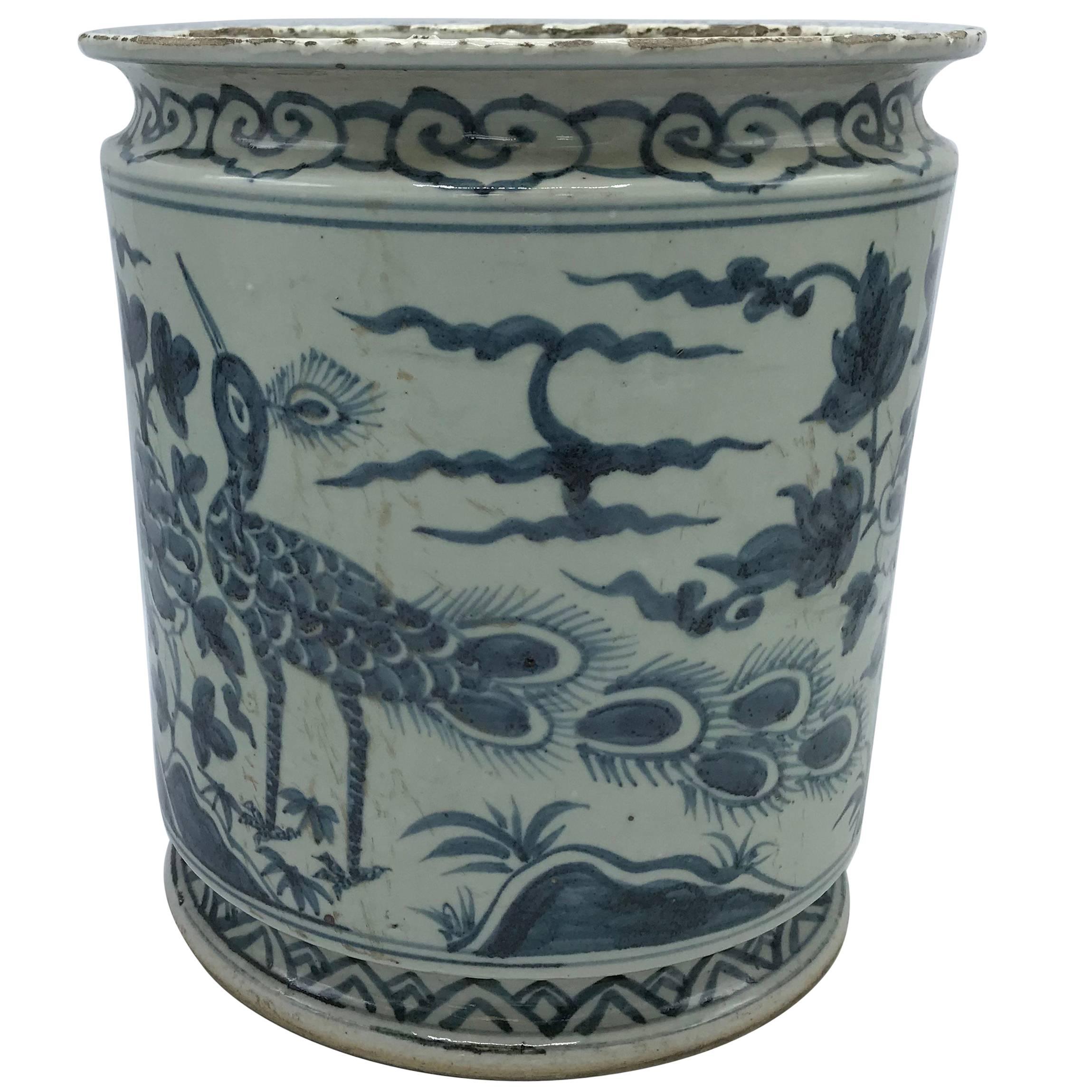 19th Century Blue and White Cachepot Planter with Peacock and Floral Motif