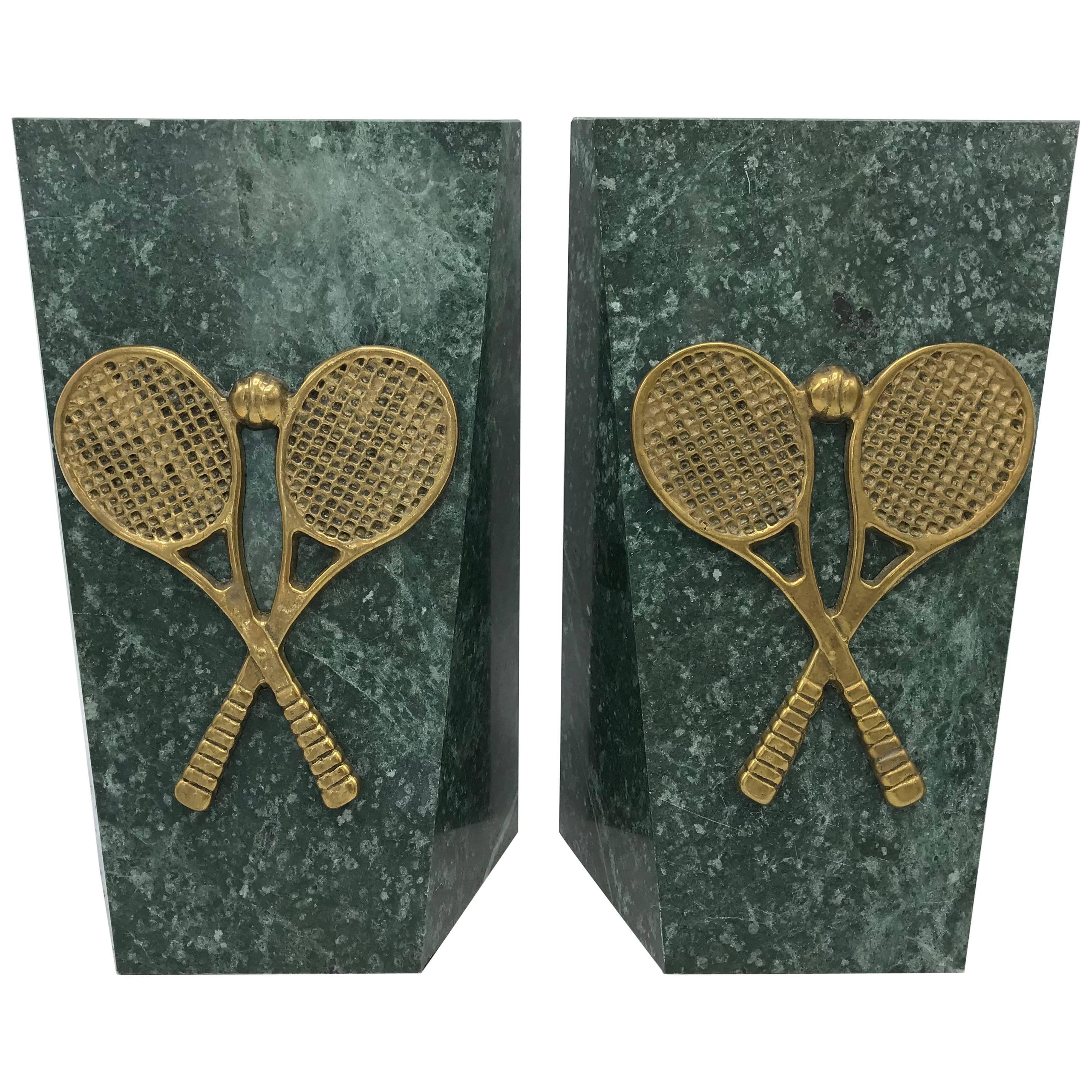 1970s Italian Marble Bookends with Brass Tennis Racket Motif, Pair For Sale