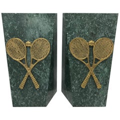 Vintage 1970s Italian Marble Bookends with Brass Tennis Racket Motif, Pair