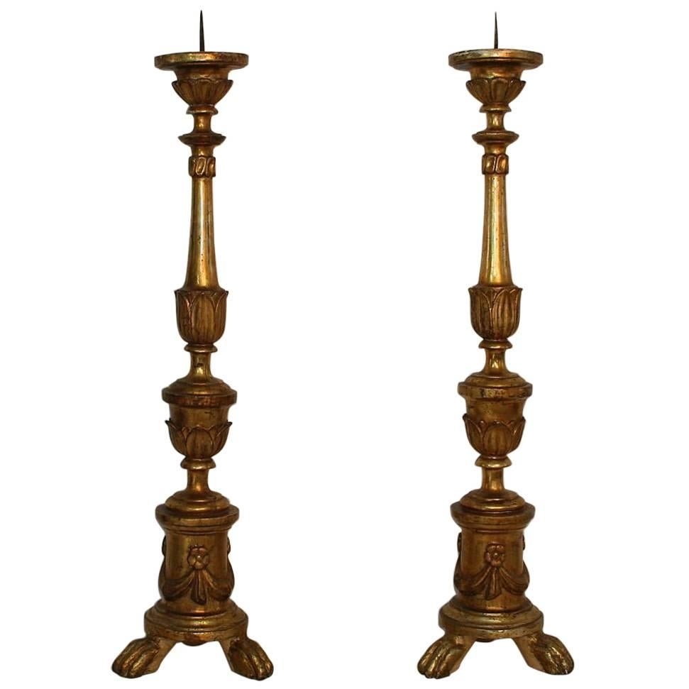 19th Century, Italian Neoclassical Giltwood Candlesticks