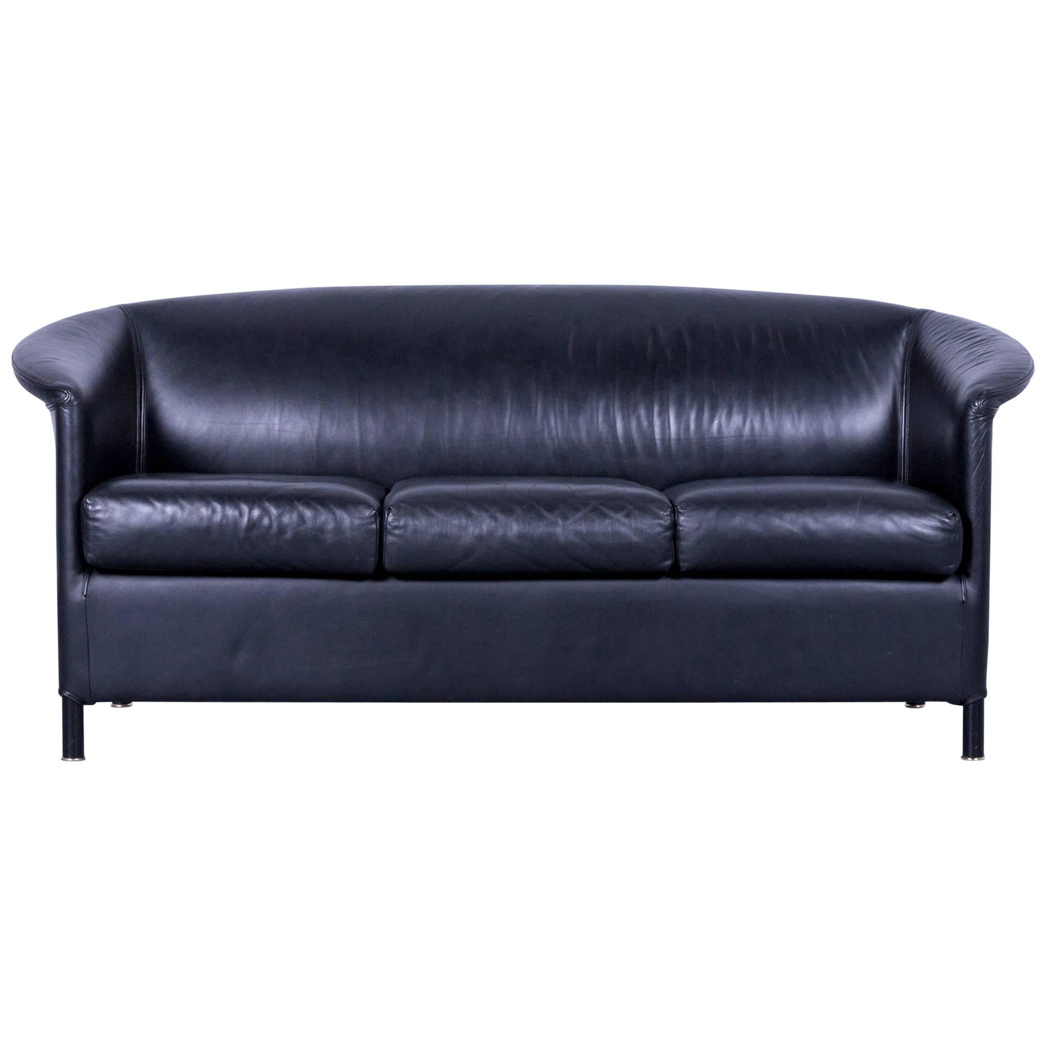 Wittmann Aura Designer Black Leather Three-Seater Sofa or Couch