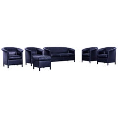 Wittmann Aura Designer Black Leather Sofa Set, Three-Seater and Four Armchairs
