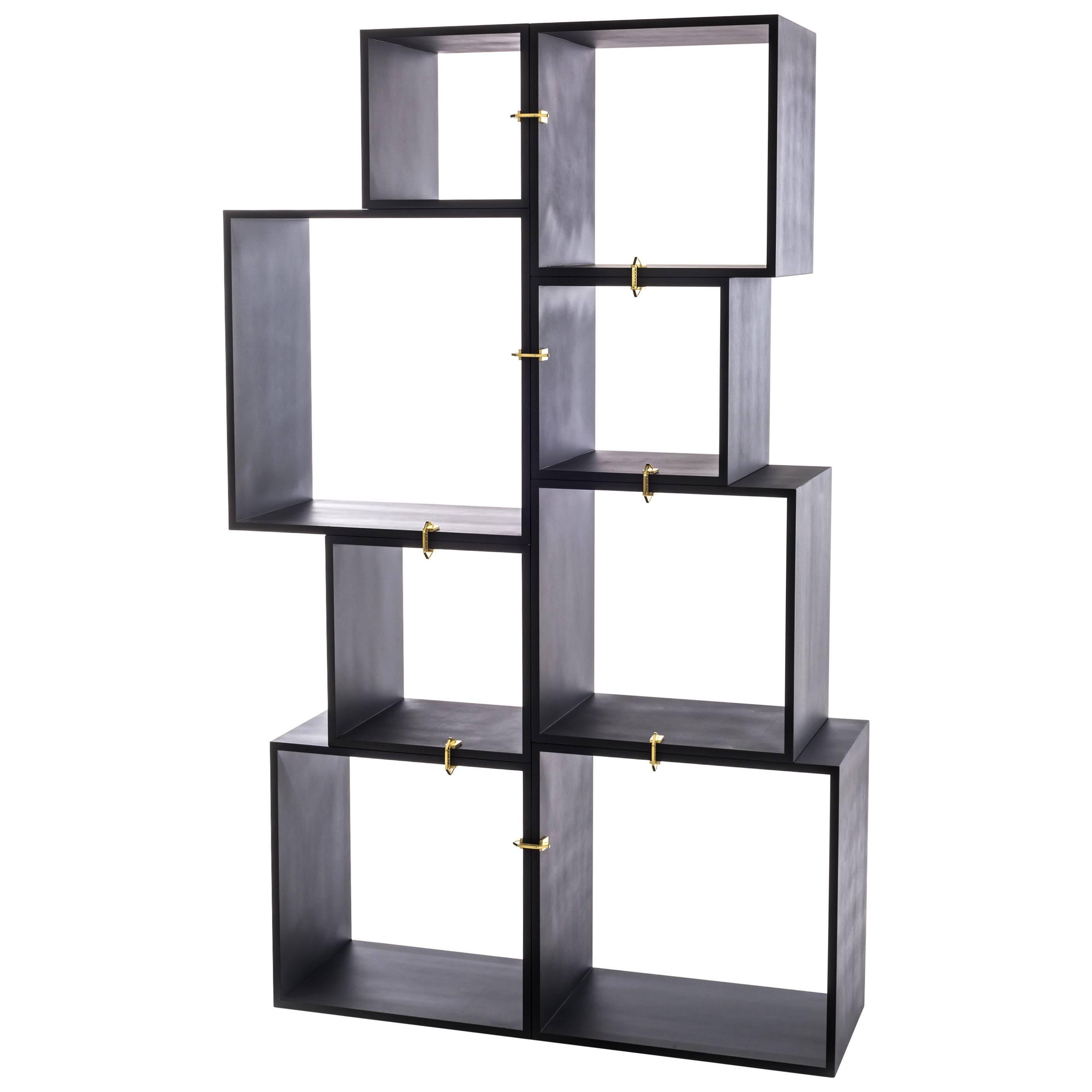 Lacquered Modules in Wooden "Assemblage", Set of Eight Modules in Anthracite