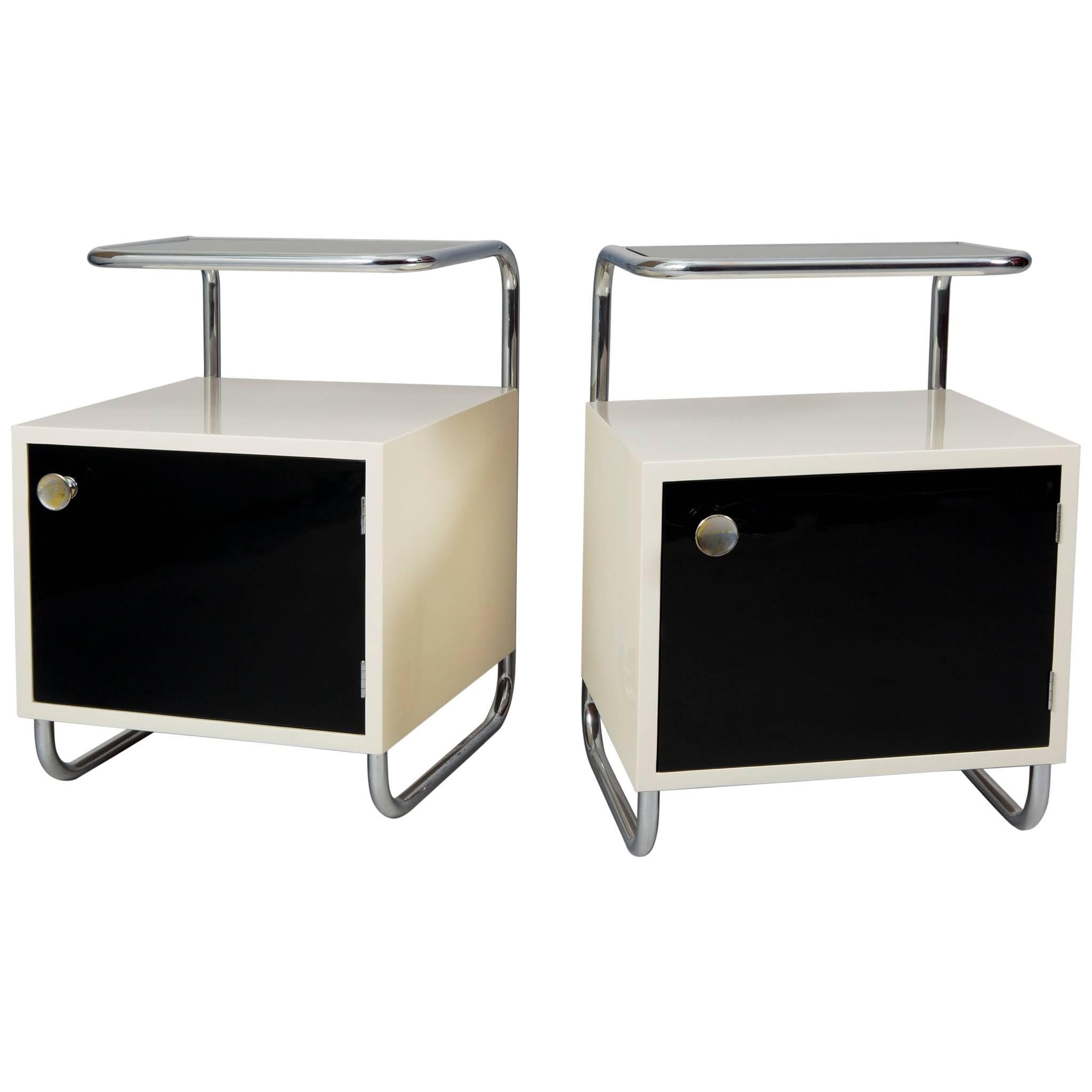 Pair of Black & White Functionalism Bed-Side Tables, Maker Vichr, Czechoslovakia