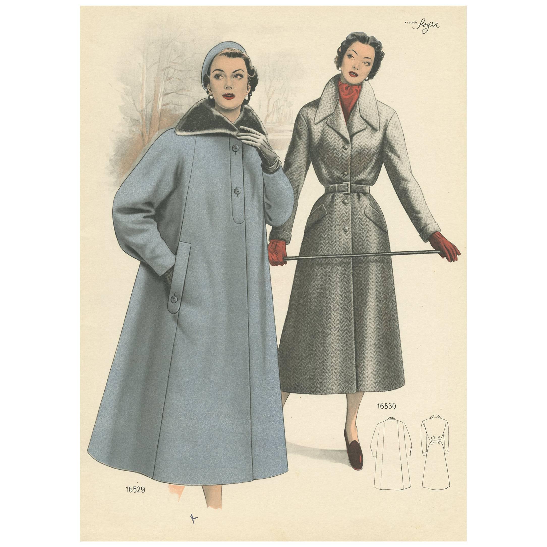 Impression de mode ancienne 'Pl. 16529' publiée dans Le Tailleur Moderne, 1954