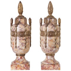 French Art Deco Marble Urns with Bronze, circa 1920
