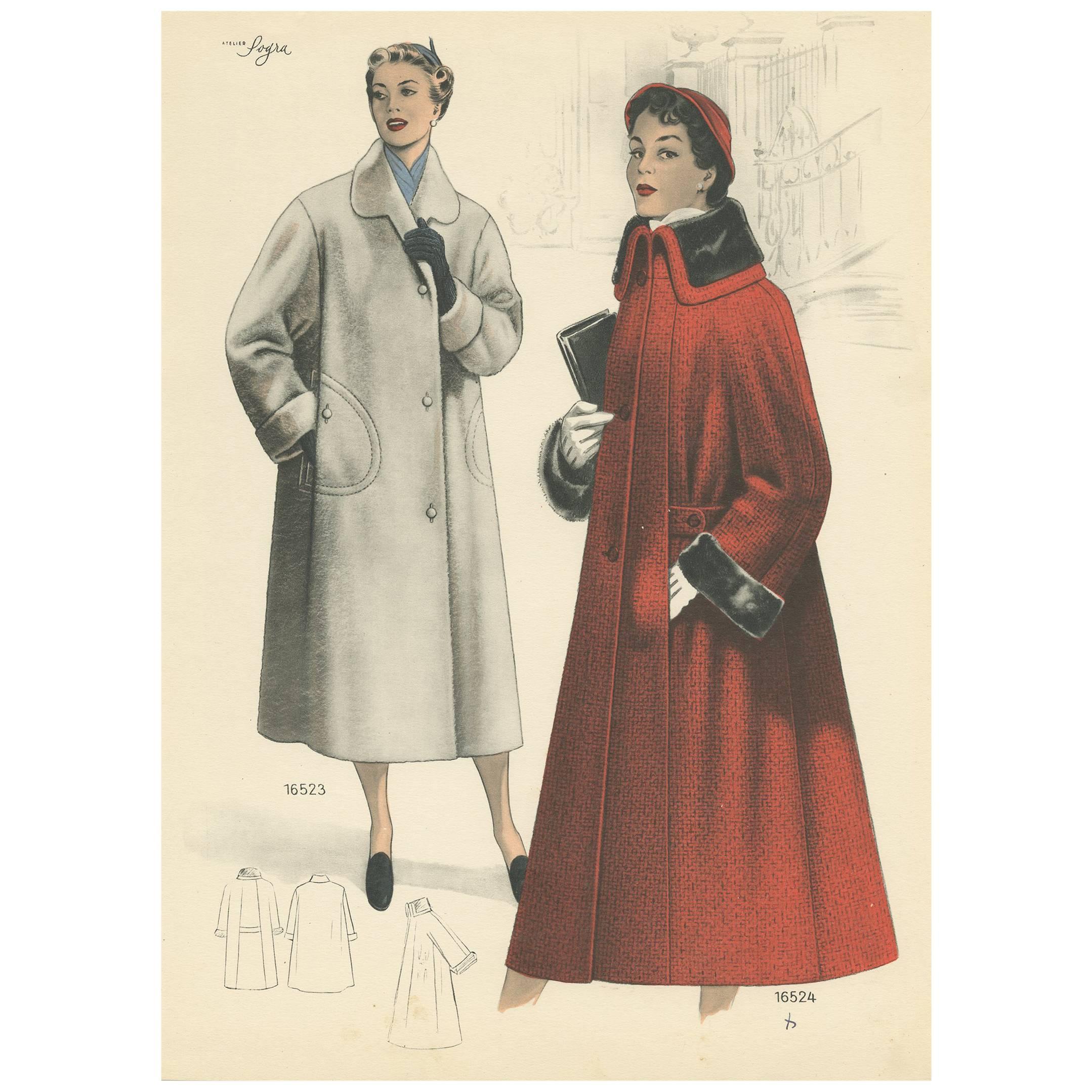 Vintage Fashion Print 'Pl. 16523' published in Le Tailleur Moderne, 1954 For Sale