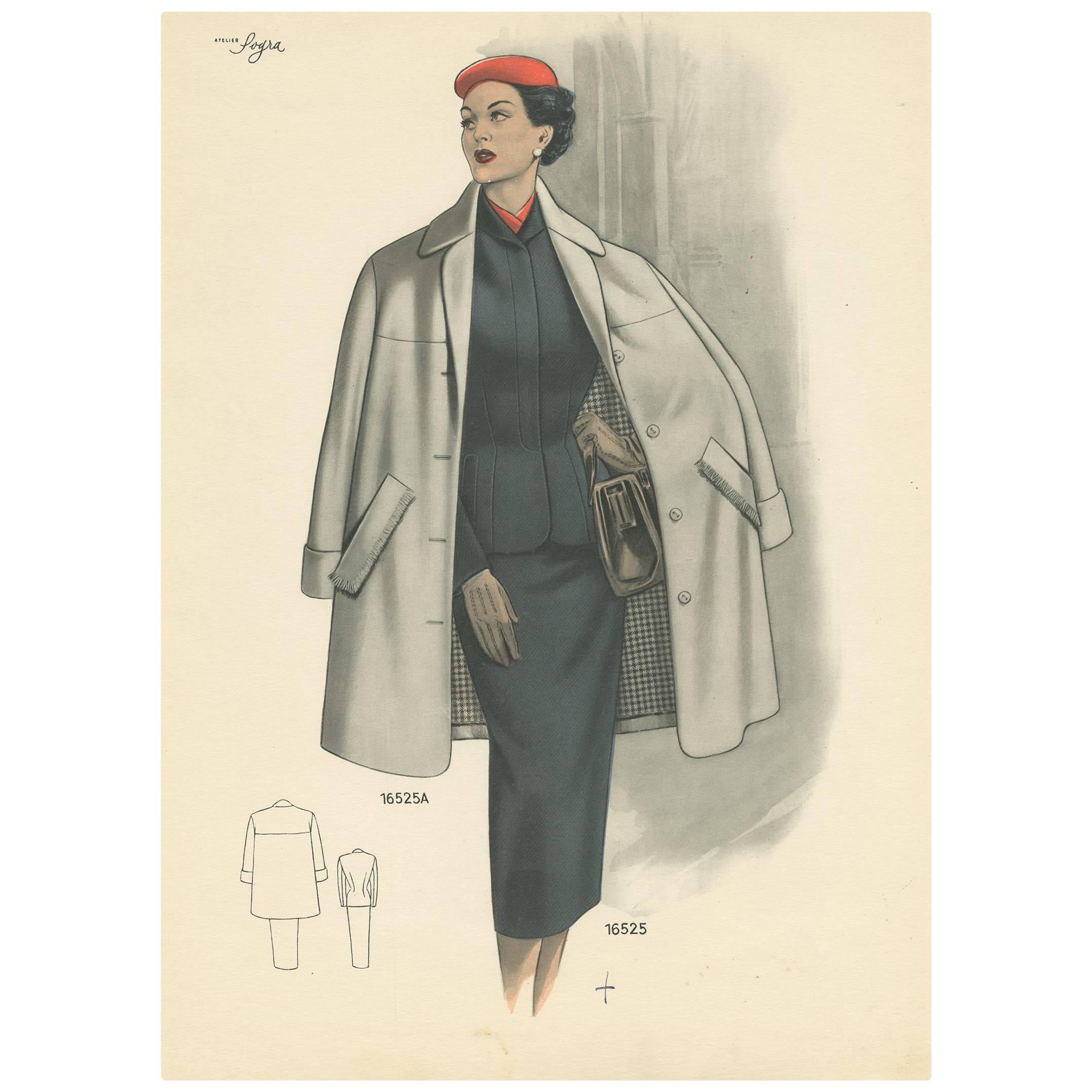 Vintage Fashion Print 'Pl. 16525A' Published in Le Tailleur Moderne, 1954 For Sale