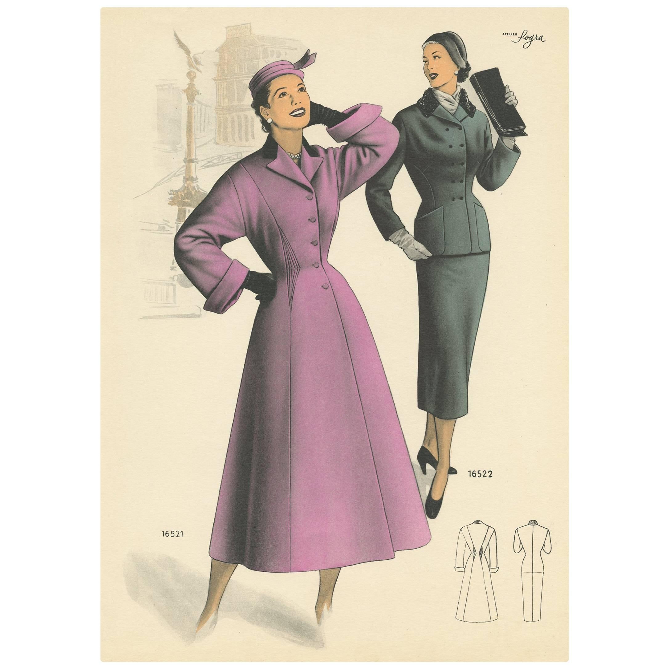 Vintage Fashion Print 'Pl. 16521' Published in Le Tailleur Moderne, 1954 For Sale