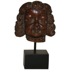 Small French 17th-18th Century Baroque Carved Wooden Angel Face