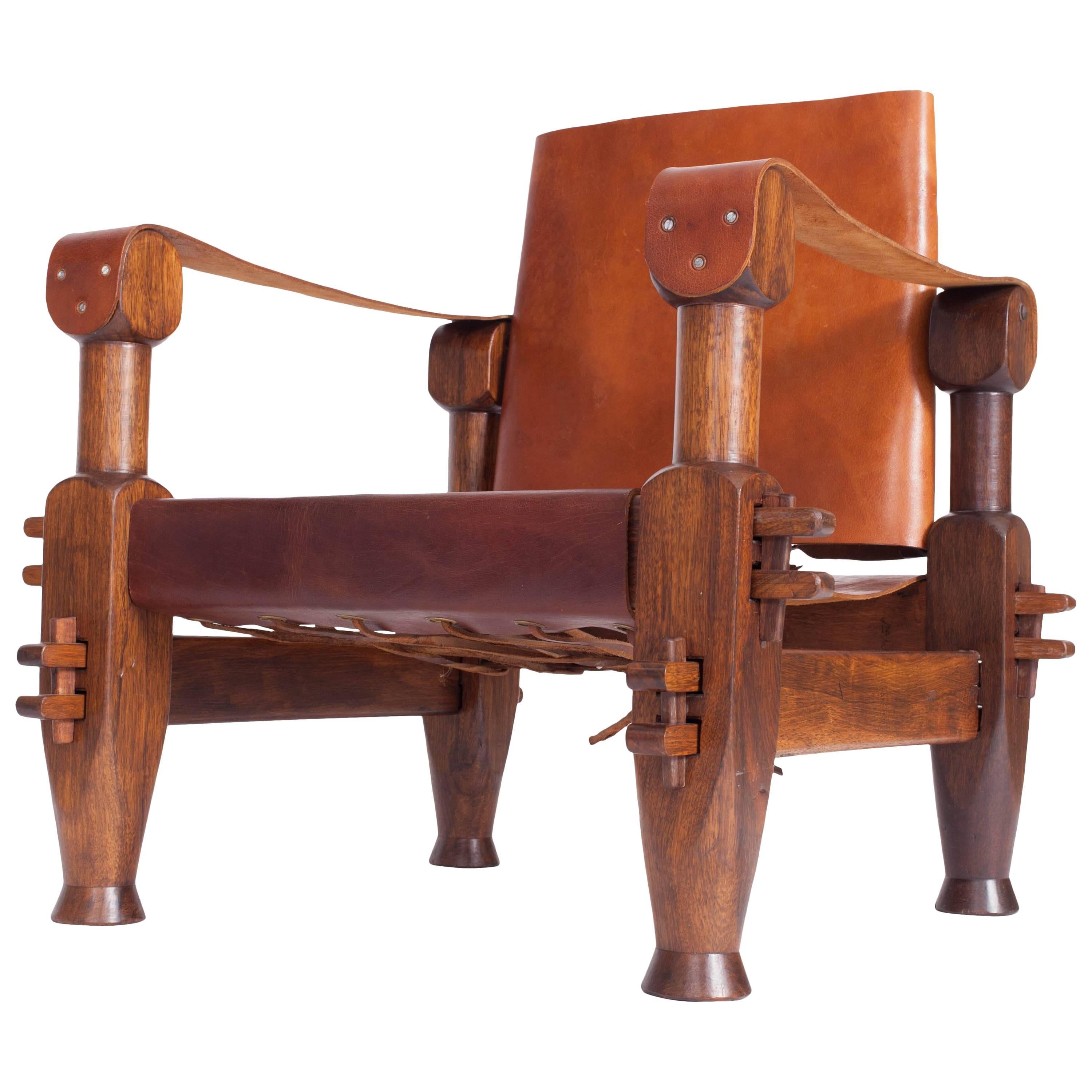 Brutalist Brazilian Armchair in Cognac Leather