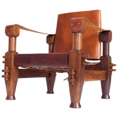 Fauteuil brésilien brutaliste en cuir cognac