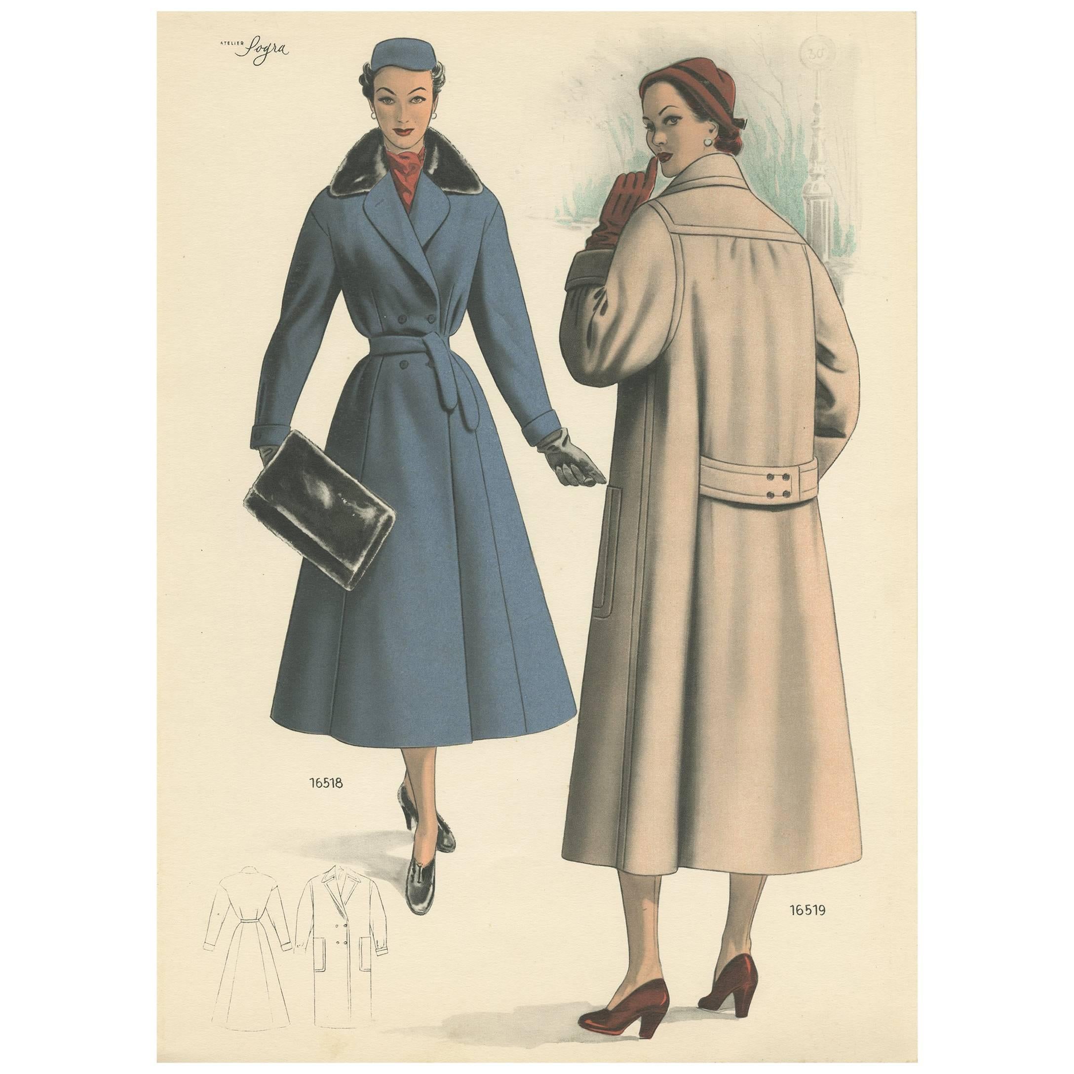 Vintage Fashion Print 'Pl.16518' Published in Le Tailleur Moderne, 1954 For Sale