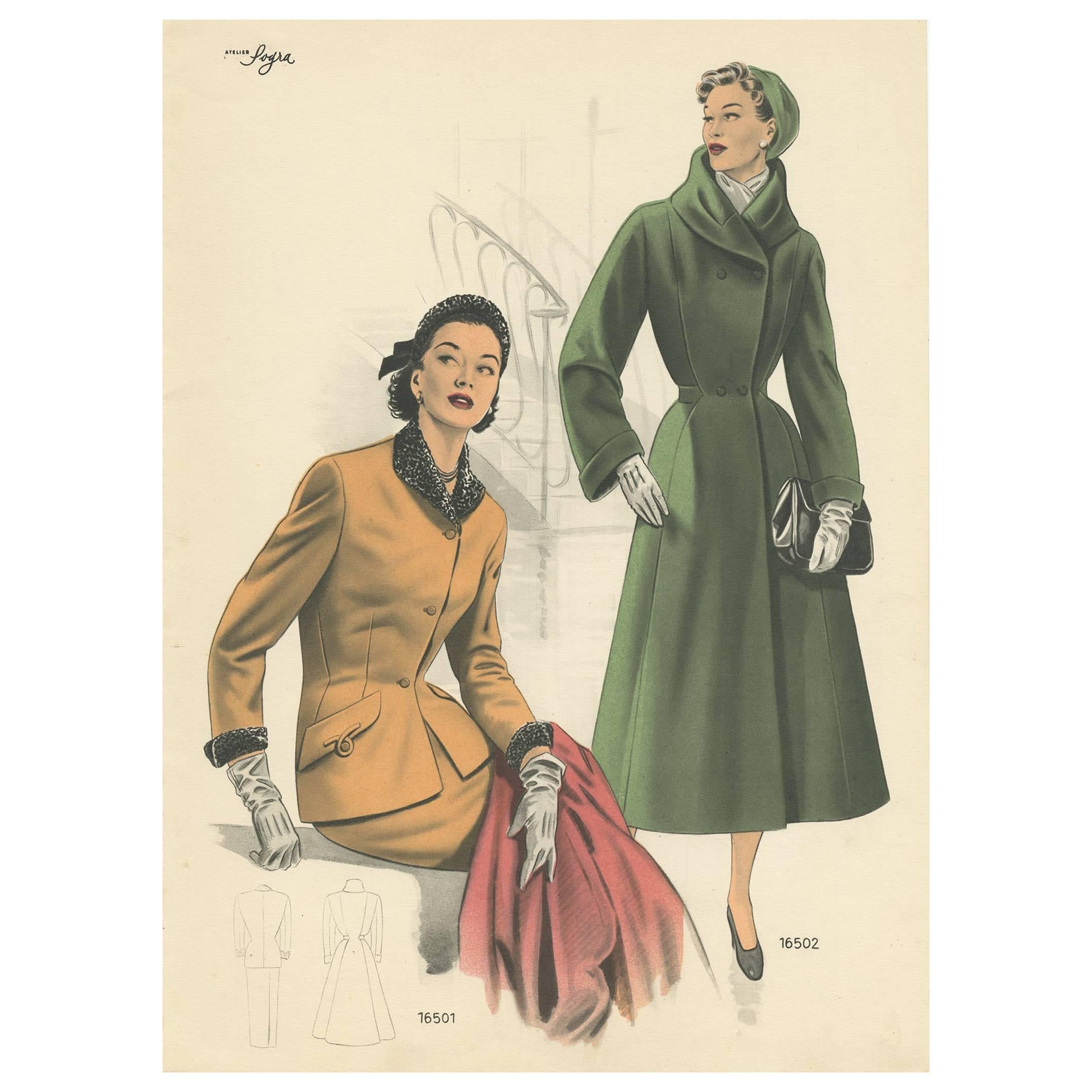 Vintage Fashion Print (Pl. 16501) published in Le Tailleur Moderne, 1954 For Sale