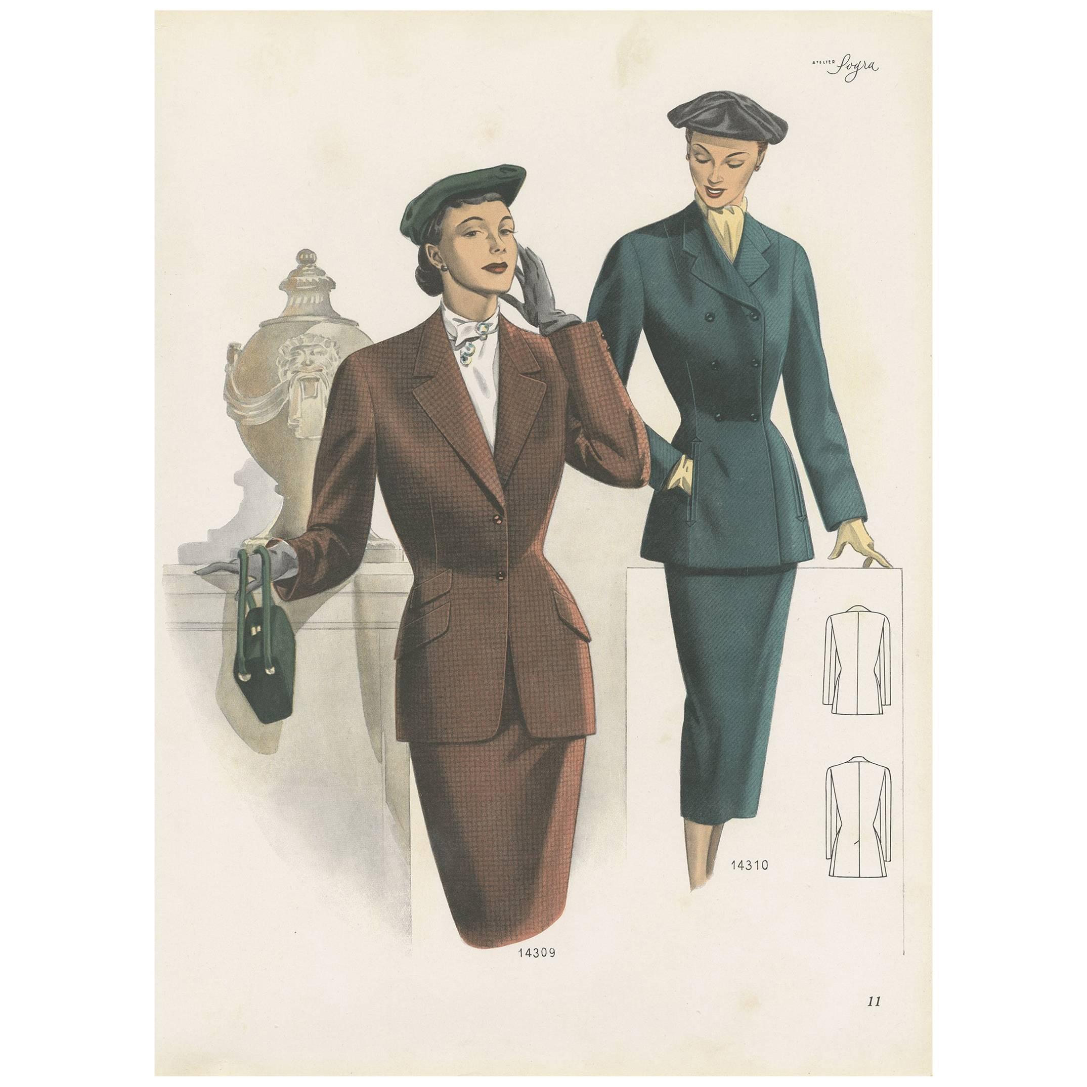 Vintage Fashion Print 'Pl.14309' Published in Ladies Styles, 1952 For Sale