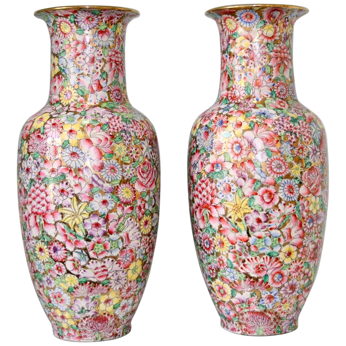 Pair of 1930s Chinese Millefleurs Porcelain Vases