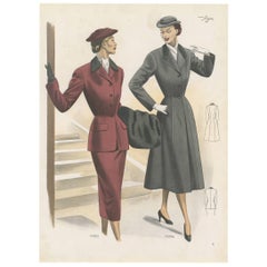 Old Colored Vintage Fashion Print Published in Ladies Styles, 1952
