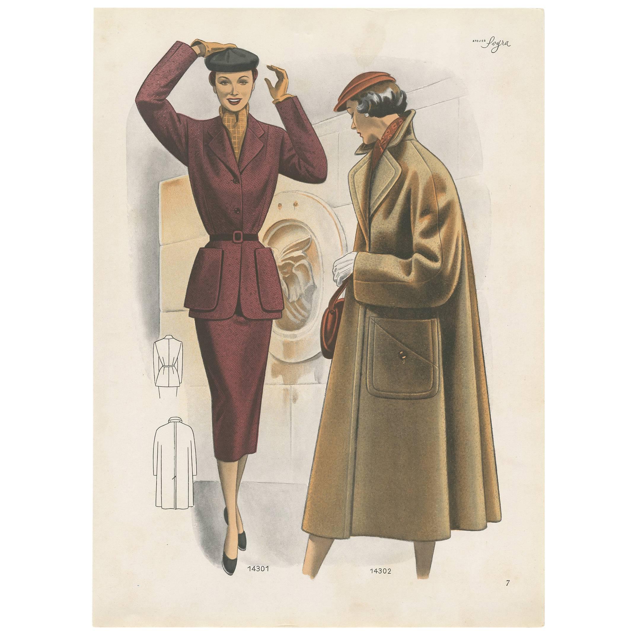 Decorative Vintage Fashion Print published in Ladies‘ Styles, 1952 For Sale