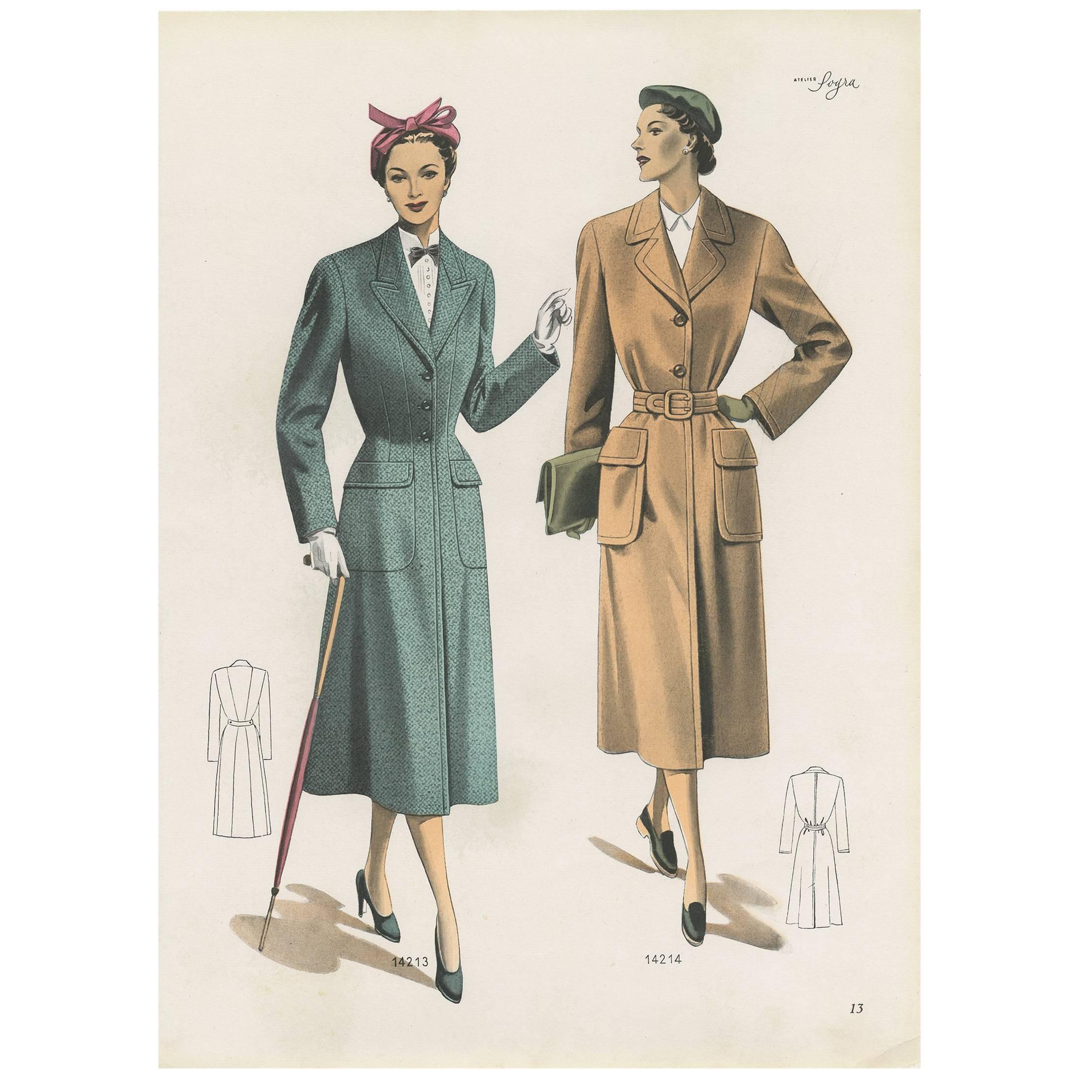 Vintage Fashion Print ‘Pl. 14213’ Published in Ladies Styles, 1951 For Sale
