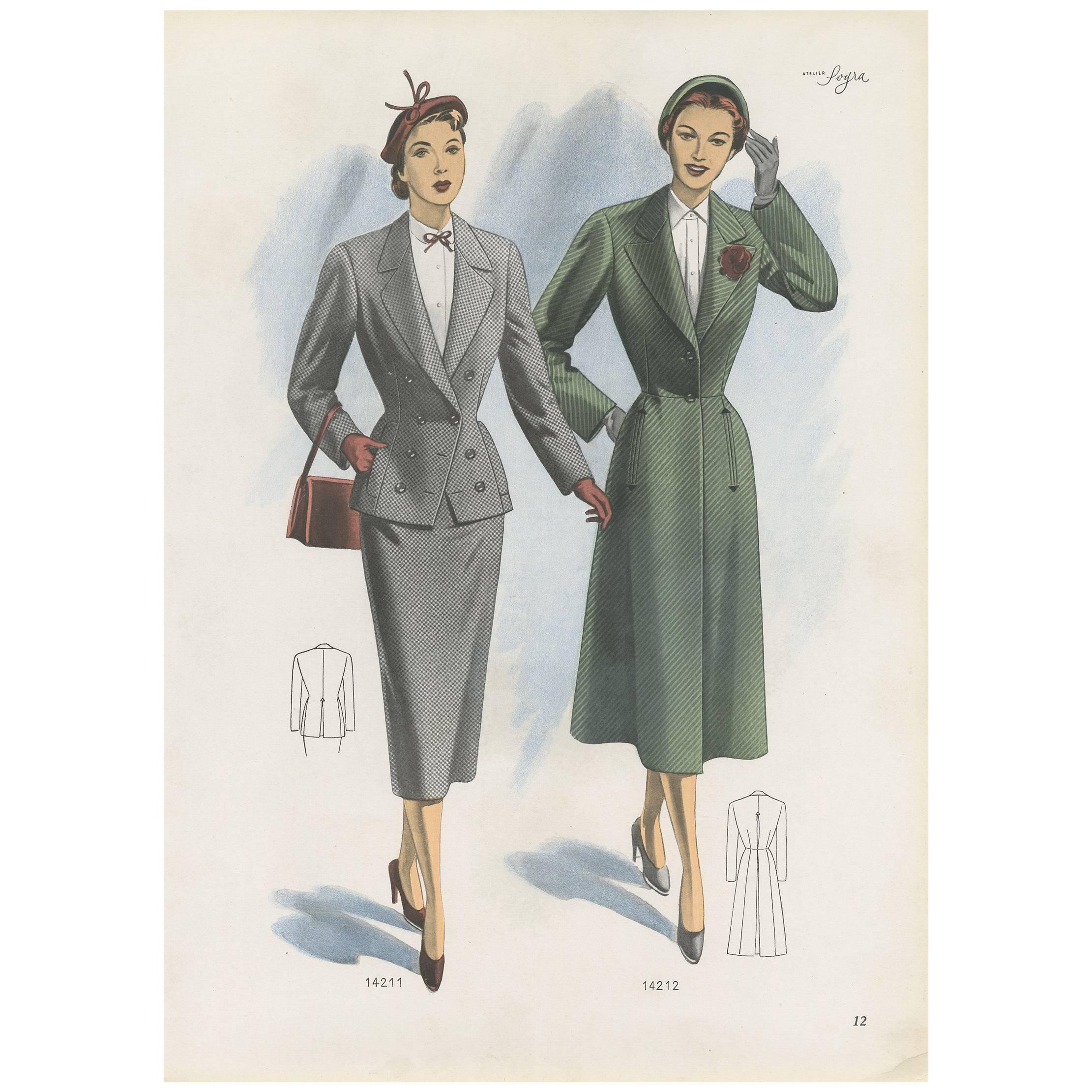 Vintage Fashion Print 'Pl. 14211' Published in Ladies Styles, 1951 For Sale