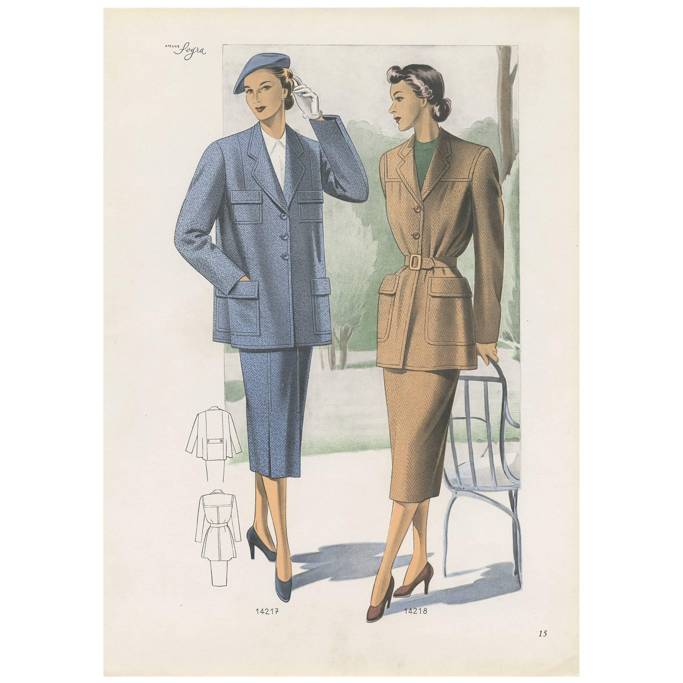 Vintage Fashion Print 'Pl. 14217' Published in Ladies Styles, 1951 For Sale