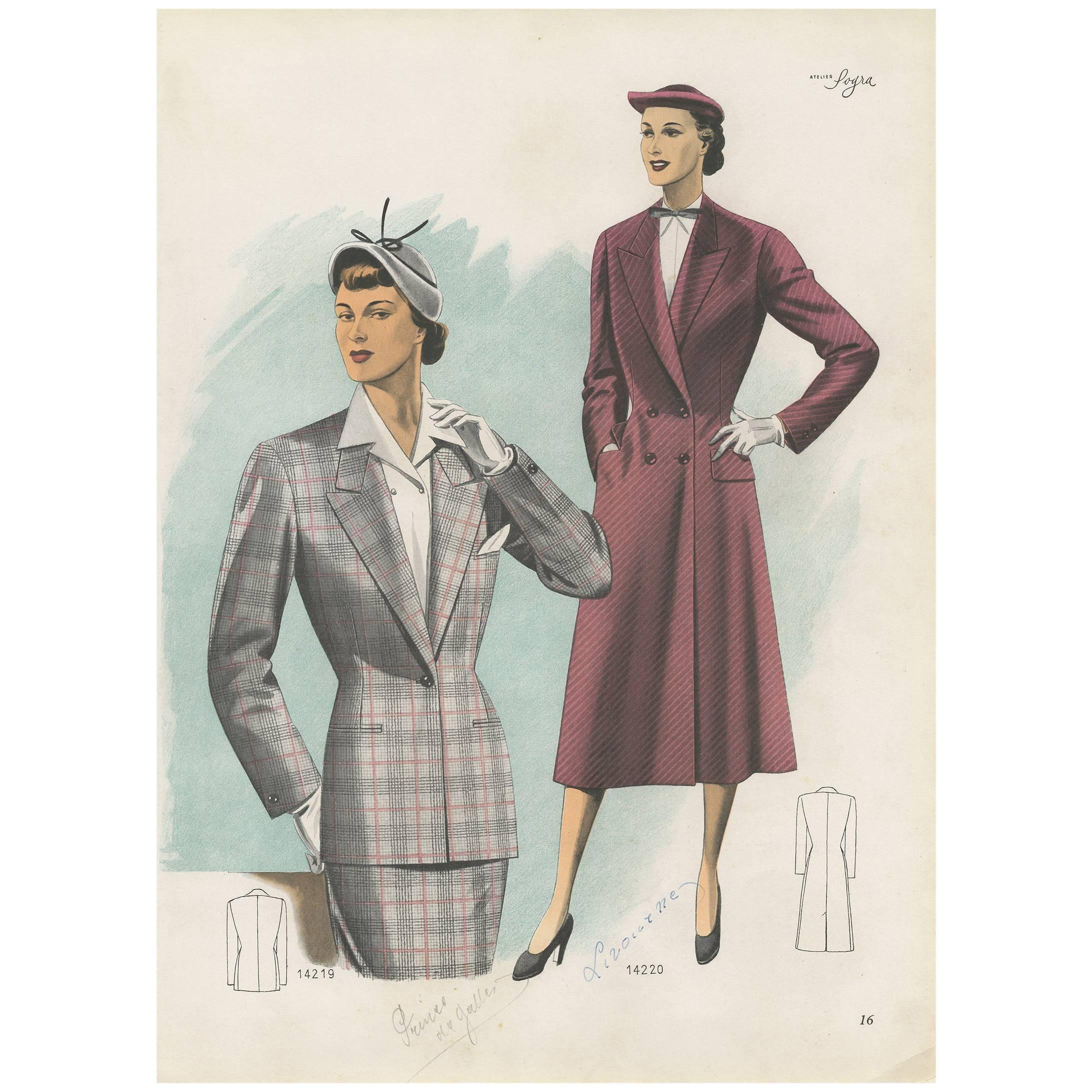 Vintage Fashion Print 'Pl. 14219' published in Ladies Styles, 1951 For Sale